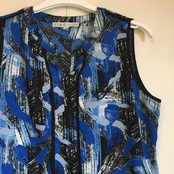 Cleo Petites Artsy Blue Lagoon Black Piping Tunic Tank Top - Picture 3 of 12